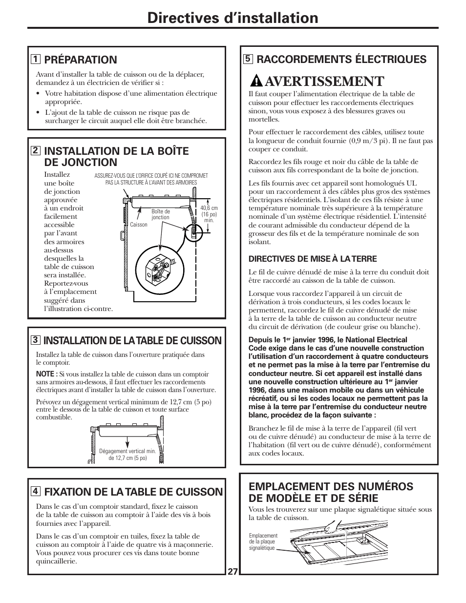 Directives d’installation, Avertissement, Préparation | Installation de la boîte de jonction, Installation de la table de cuisson, Fixation de la table de cuisson, Raccordements électriques, Emplacement des numéros de modèle et de série | GE JP328BKBB User Manual | Page 27 / 48