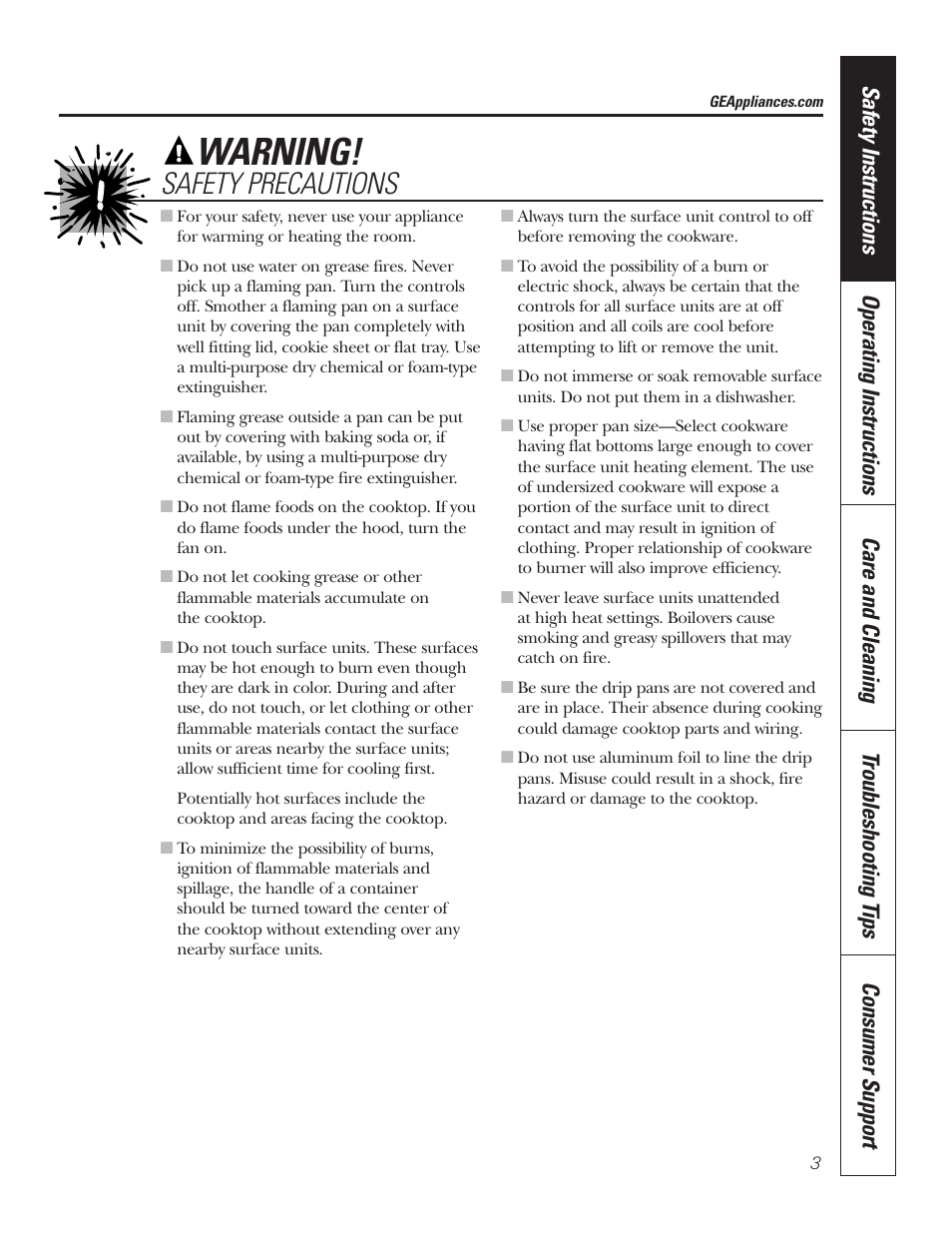 Warning, Safety precautions | GE JP328BKBB User Manual | Page 3 / 48