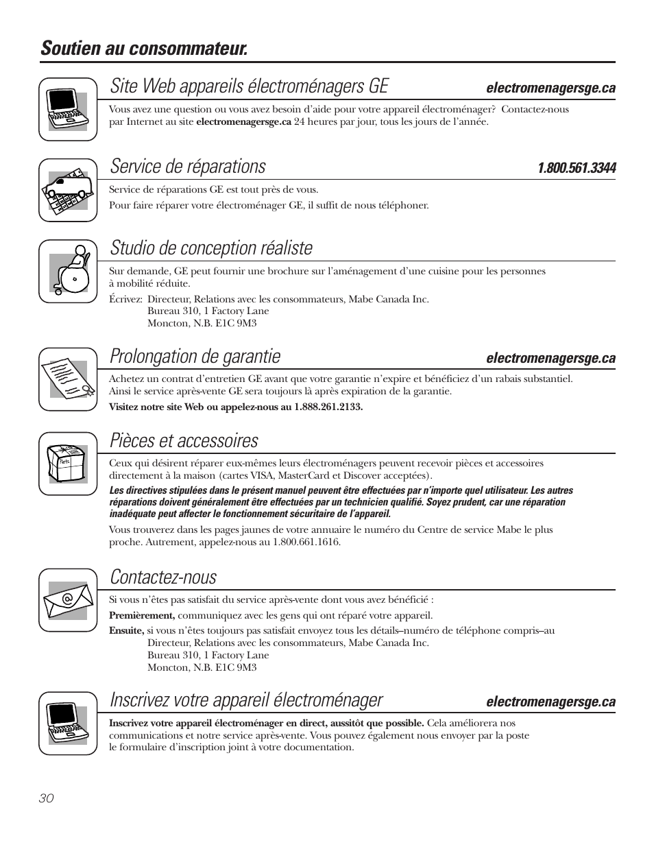 Service de réparations, Studio de conception réaliste, Prolongation de garantie | Pièces et accessoires, Contactez-nous, Inscrivez votre appareil électroménager | GE JP328BKBB User Manual | Page 30 / 48