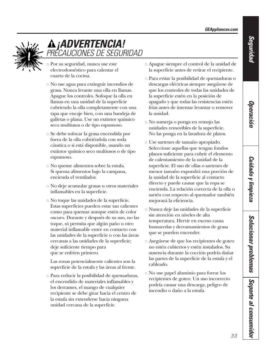 Advertencia, Precauciones de seguridad, Seguridad operación | Solucionar problemas soporte al consumidor | GE JP328BKBB User Manual | Page 33 / 48