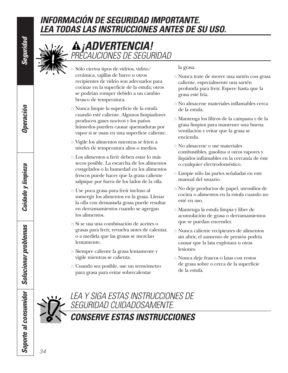 Advertencia, Precauciones de seguridad, Seguridad operación | Solucionar problemas soporte al consumidor | GE JP328BKBB User Manual | Page 34 / 48