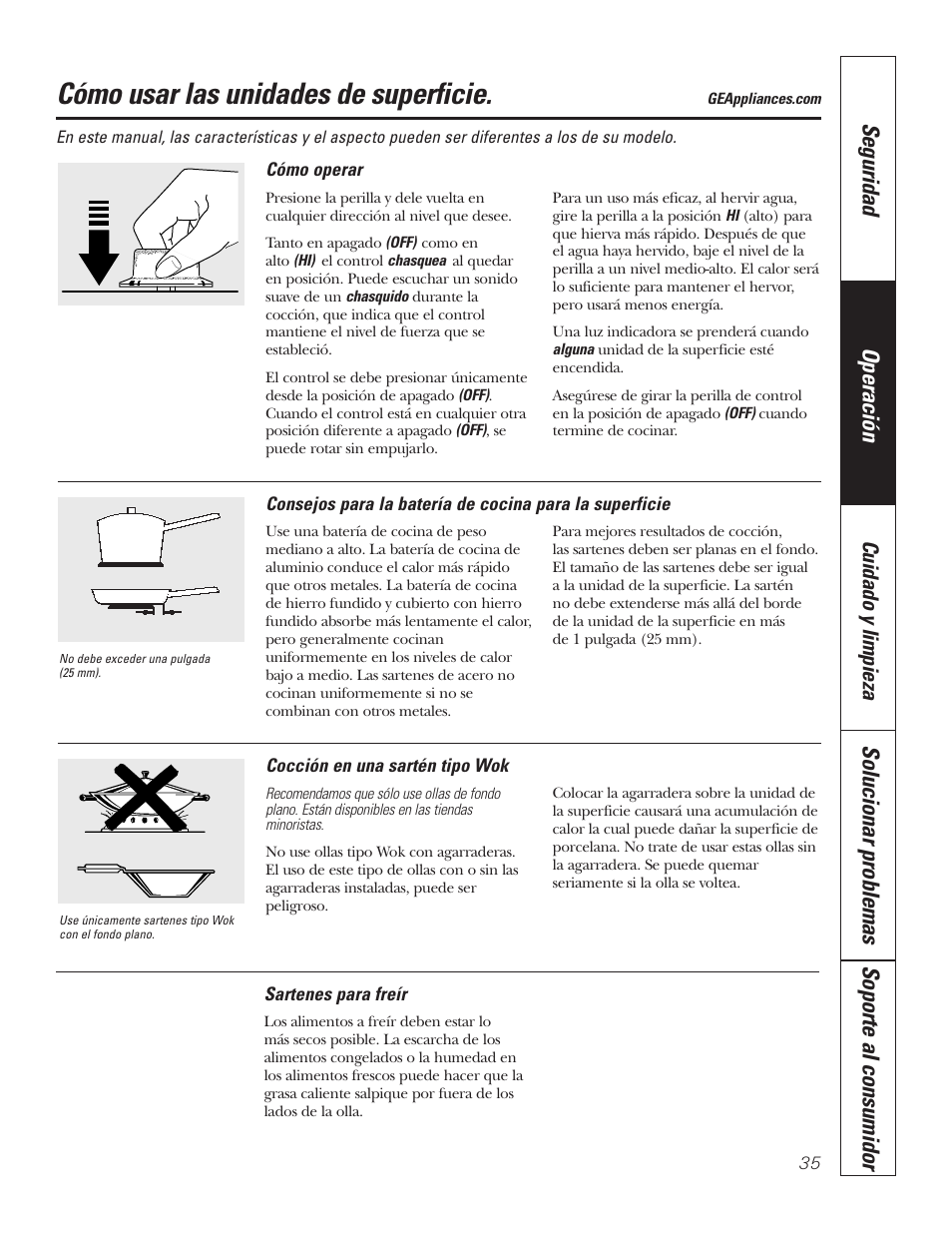 Cómo usar las unidades de superficie, Seguridad operación, Solucionar problemas soporte al consumidor | Cuidado y limpieza | GE JP328BKBB User Manual | Page 35 / 48