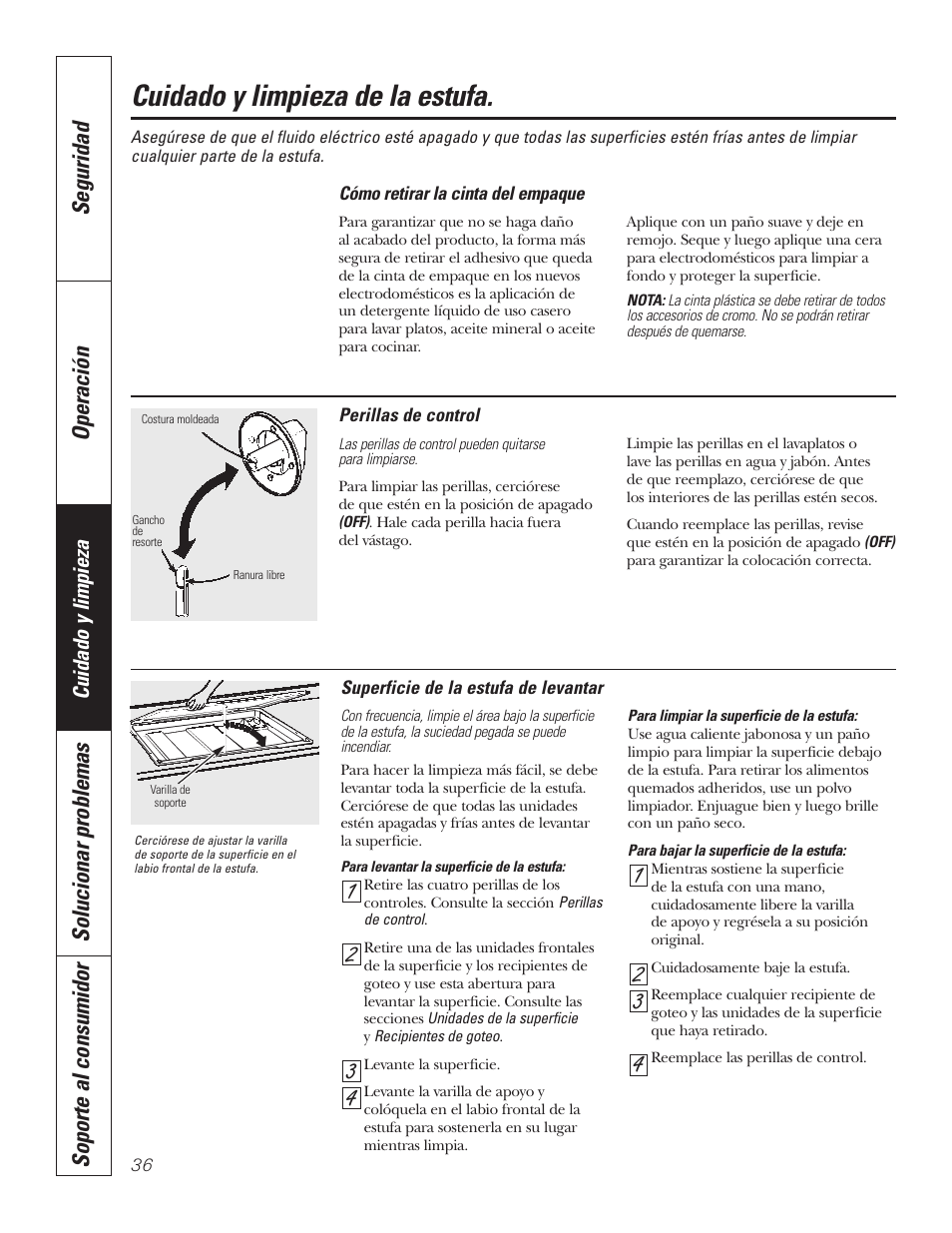 Cuidado y limpieza de la estufa, Seguridad operación, Solucionar problemas soporte al consumidor | GE JP328BKBB User Manual | Page 36 / 48