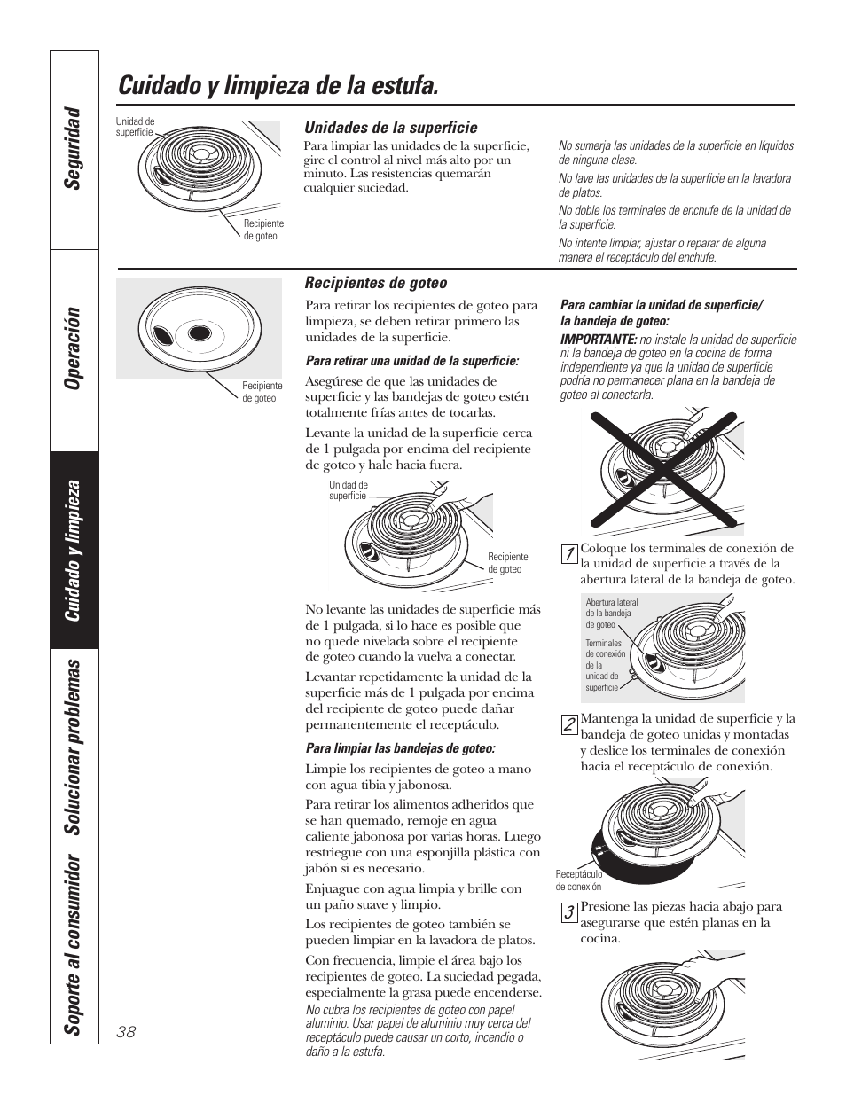 Cuidado y limpieza de la estufa, Seguridad operación, Solucionar problemas soporte al consumidor | Cuidado y limpieza | GE JP328BKBB User Manual | Page 38 / 48