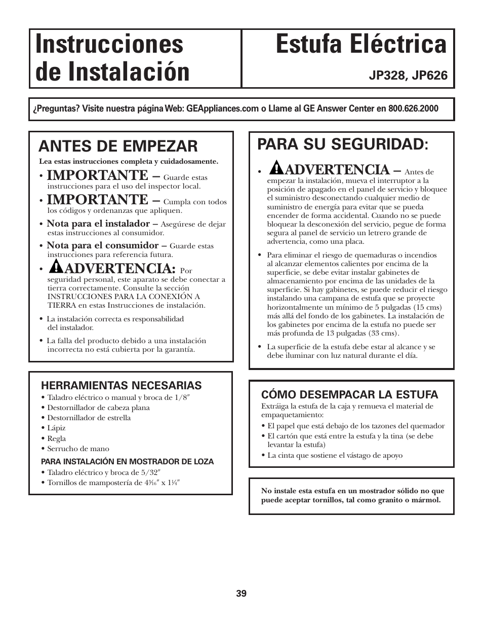 Instrucciones estufa eléctrica de instalación, Antes de empezar, Para su seguridad | Importante, Advertencia | GE JP328BKBB User Manual | Page 39 / 48