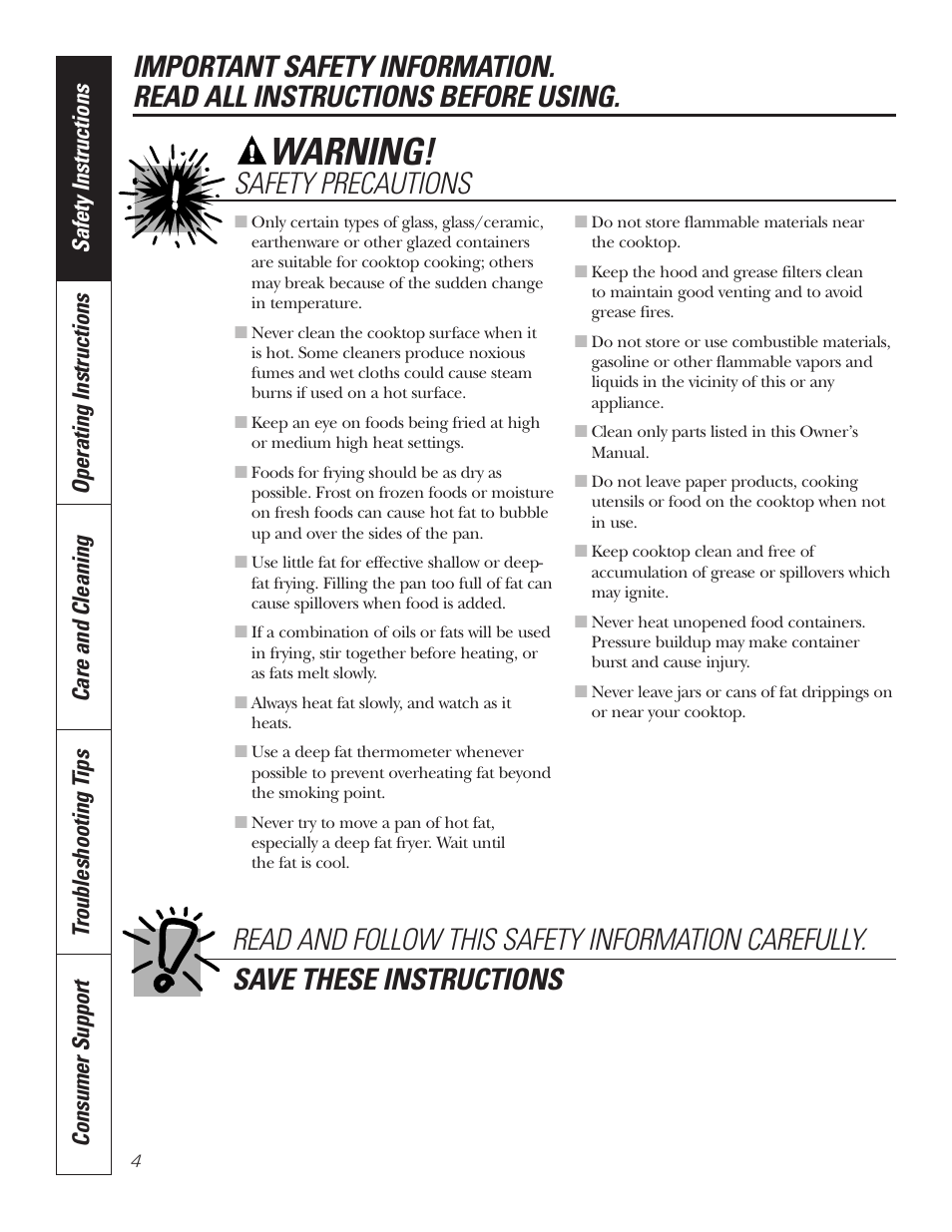 Warning, Safety precautions | GE JP328BKBB User Manual | Page 4 / 48