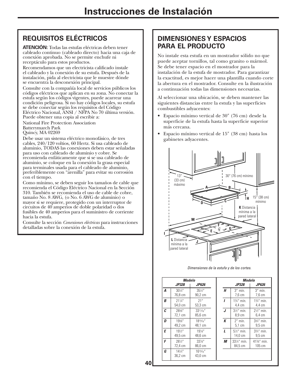 Instrucciones de instalación, Dimensiones y espacios para el producto, Requisitos eléctricos | GE JP328BKBB User Manual | Page 40 / 48