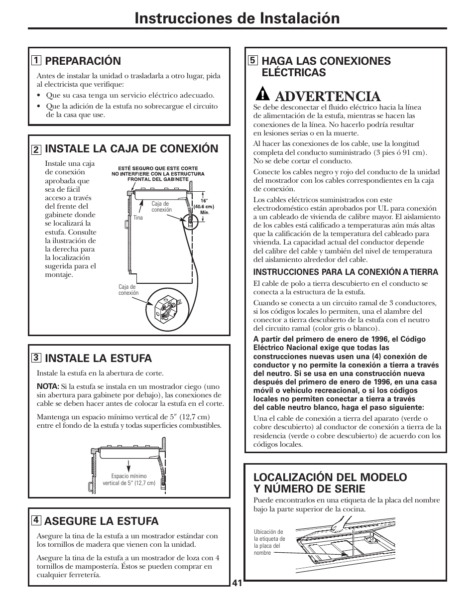 Instrucciones de instalación, Advertencia, Preparación | Instale la caja de conexión, Instale la estufa, Asegure la estufa, Haga las conexiones eléctricas, Localización del modelo y número de serie | GE JP328BKBB User Manual | Page 41 / 48