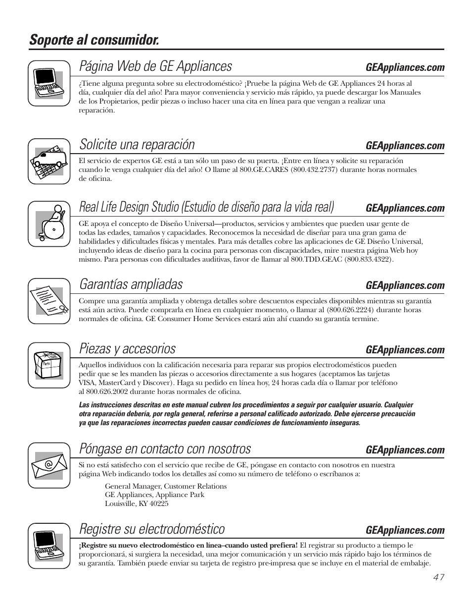 Soporte al consumidor. página web de ge appliances, Solicite una reparación, Garantías ampliadas | Piezas y accesorios, Póngase en contacto con nosotros, Registre su electrodoméstico | GE JP328BKBB User Manual | Page 47 / 48