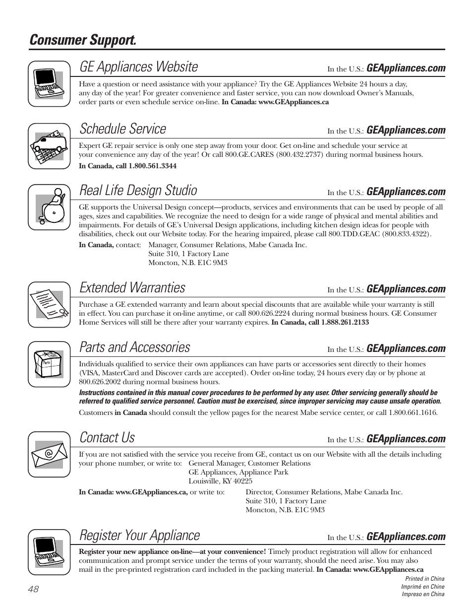 Consumer support. ge appliances website, Schedule service, Real life design studio | Extended warranties, Parts and accessories, Contact us, Register your appliance | GE JP328BKBB User Manual | Page 48 / 48