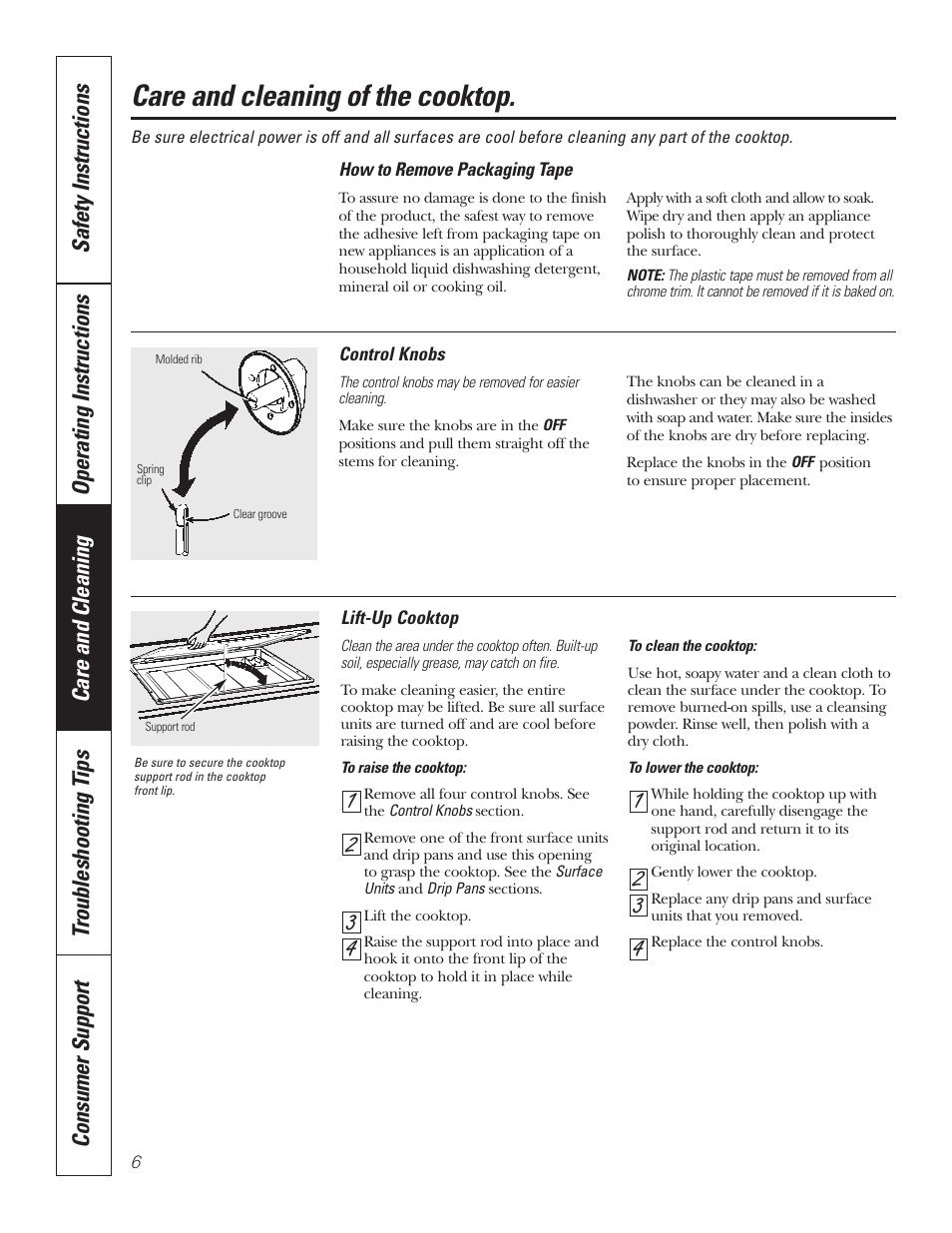 Care and cleaning of the cooktop | GE JP328BKBB User Manual | Page 6 / 48