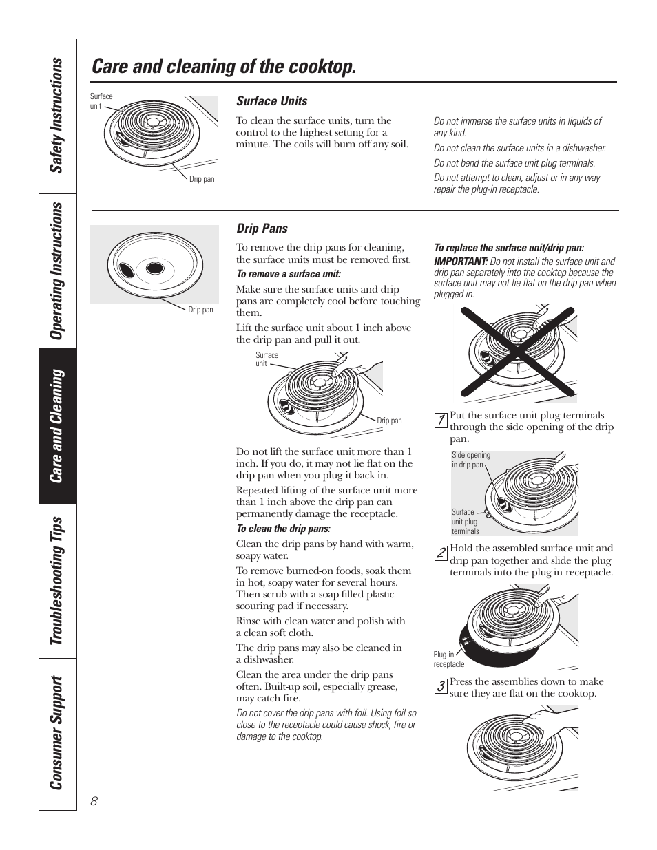 Care and cleaning of the cooktop | GE JP328BKBB User Manual | Page 8 / 48