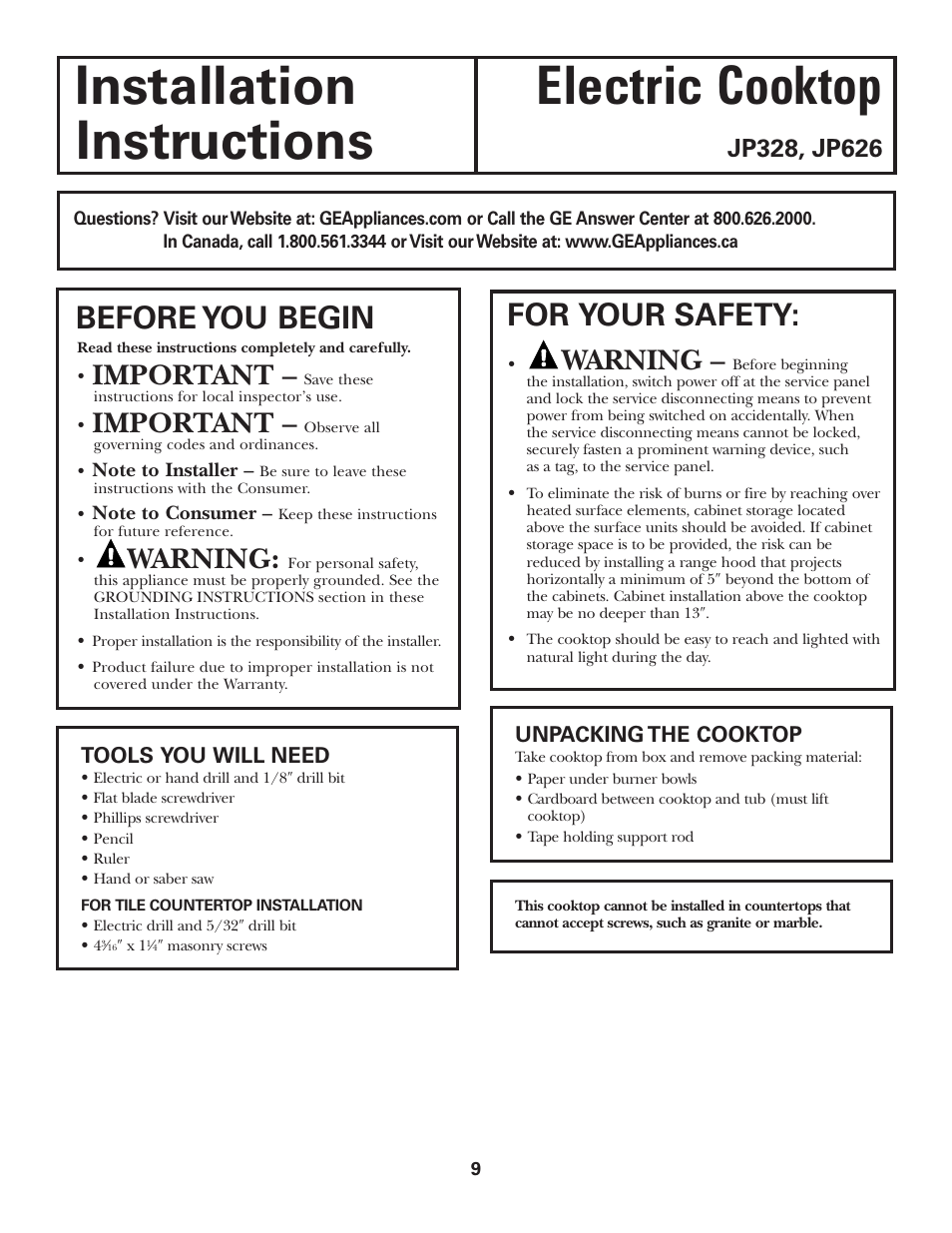 Installation electric cooktop instructions, Before you begin, For your safety | Important, Warning | GE JP328BKBB User Manual | Page 9 / 48