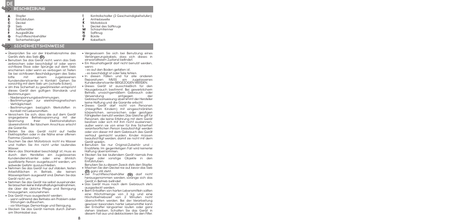 8beschreibung sicherheitshinweise | Moulinex ENTSAFTER XXL JU650G User Manual | Page 10 / 60