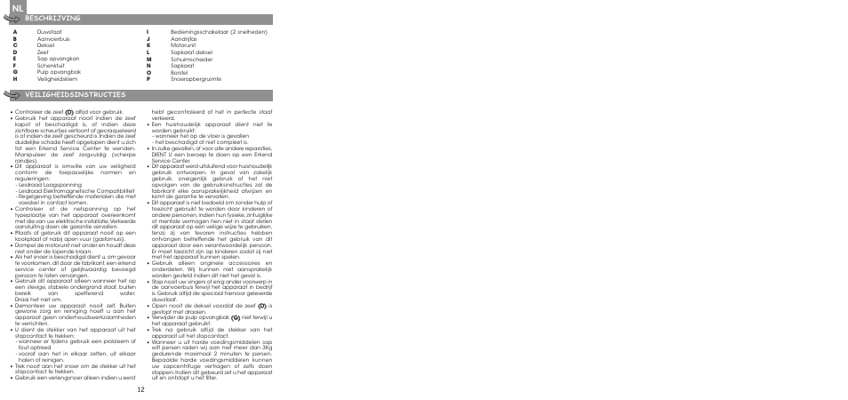 12 beschrijving, Veiligheidsinstructies | Moulinex ENTSAFTER XXL JU650G User Manual | Page 14 / 60