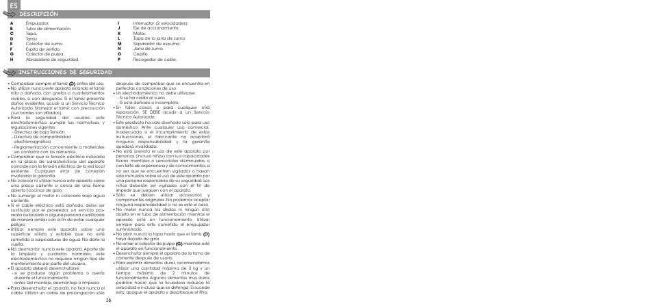 16 descripción instrucciones de seguridad | Moulinex ENTSAFTER XXL JU650G User Manual | Page 18 / 60