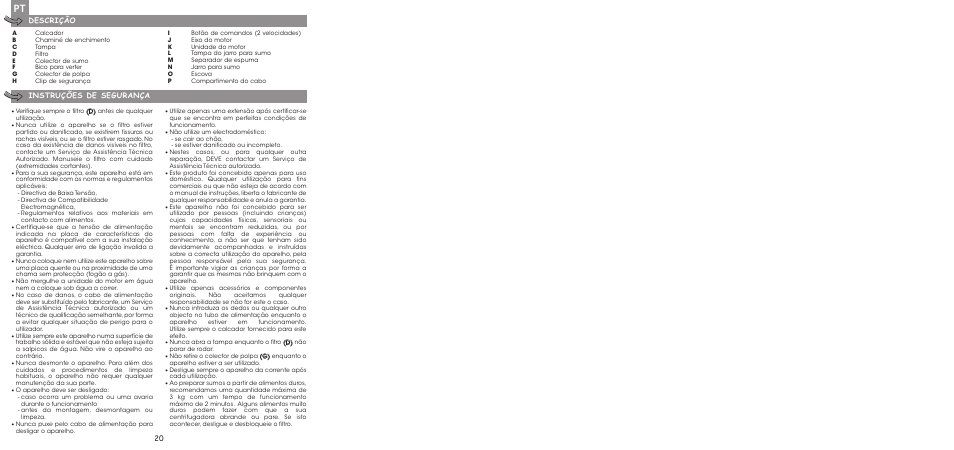 20 descrição instruções de segurança | Moulinex ENTSAFTER XXL JU650G User Manual | Page 22 / 60
