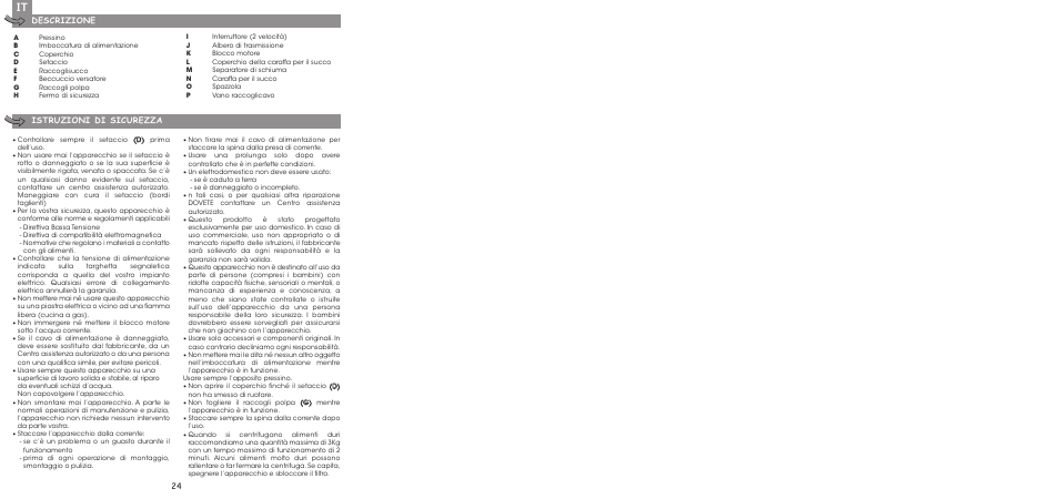 24 descrizione istruzioni di sicurezza | Moulinex ENTSAFTER XXL JU650G User Manual | Page 26 / 60