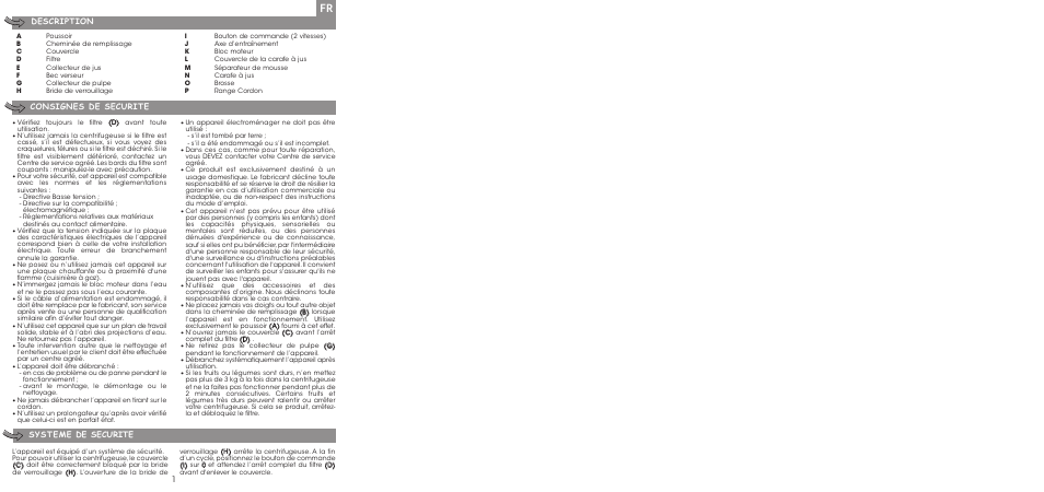 Description, Consignes de securite, Systeme de securite | Moulinex ENTSAFTER XXL JU650G User Manual | Page 3 / 60