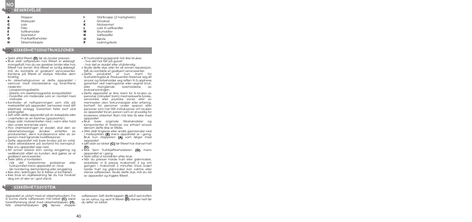 40 beskrivelse, Sikkerhetsinstruksjoner sikkerhetssystem | Moulinex ENTSAFTER XXL JU650G User Manual | Page 42 / 60
