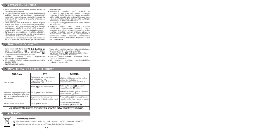 Kierrätys | Moulinex ENTSAFTER XXL JU650G User Manual | Page 50 / 60