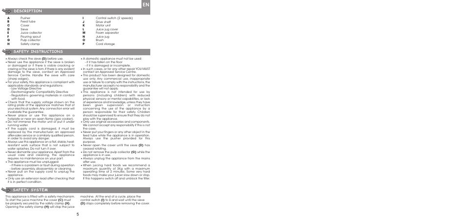 5description, Safety instructions, Safety system | Moulinex ENTSAFTER XXL JU650G User Manual | Page 7 / 60