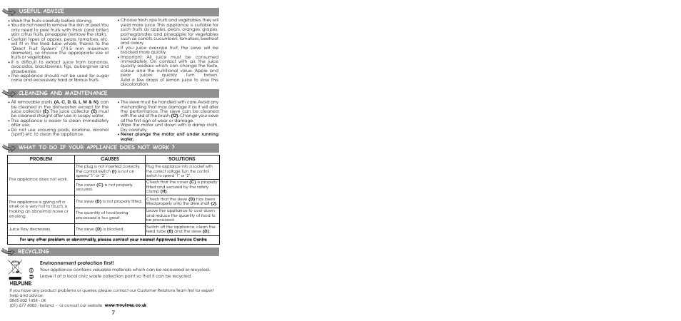 Useful advice cleaning and maintenance, What to do if your appliance does not work, Recycling | Moulinex ENTSAFTER XXL JU650G User Manual | Page 9 / 60