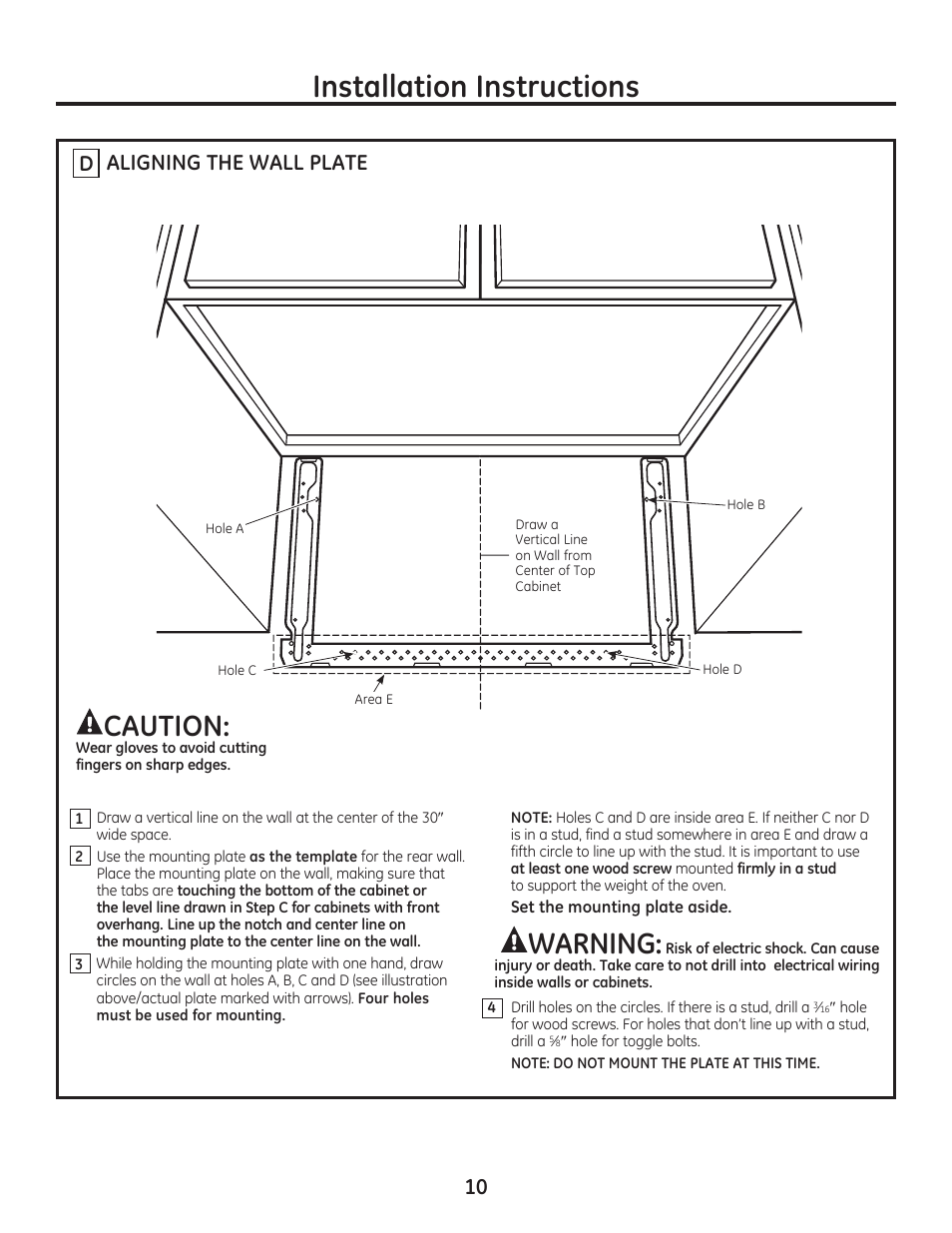 Installation instructions, Warning, Caution | 10 aligning the wall plate | GE JVM7195EFES User Manual | Page 10 / 48