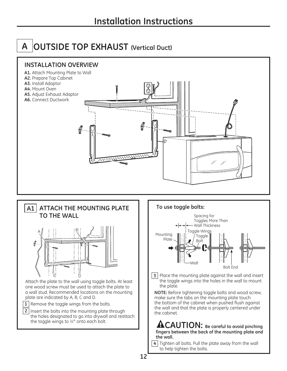 Installation instructions, Caution | GE JVM7195EFES User Manual | Page 12 / 48