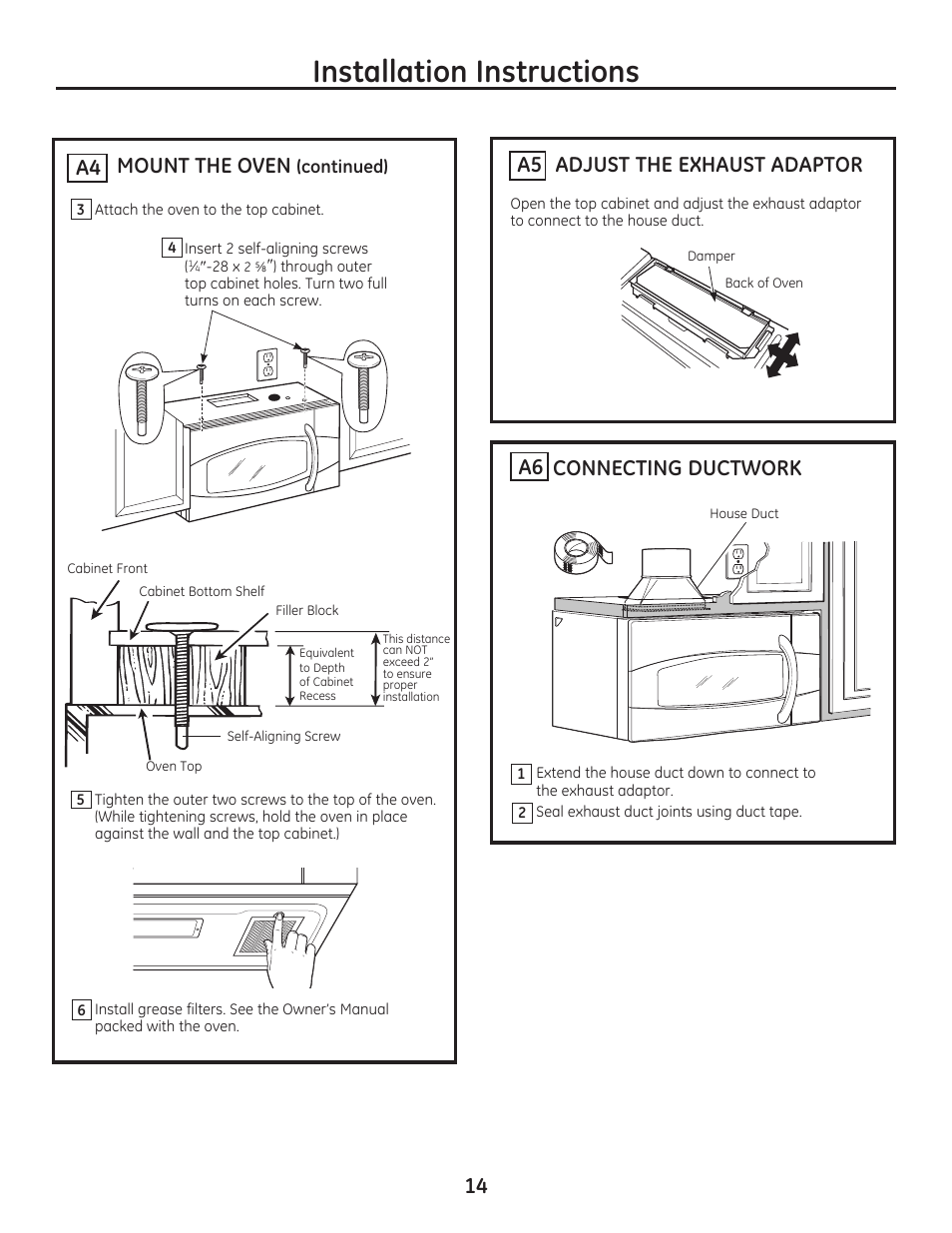 Installation instructions, Connecting ductwork 14, Mount the oven | A4 a6 | GE JVM7195EFES User Manual | Page 14 / 48