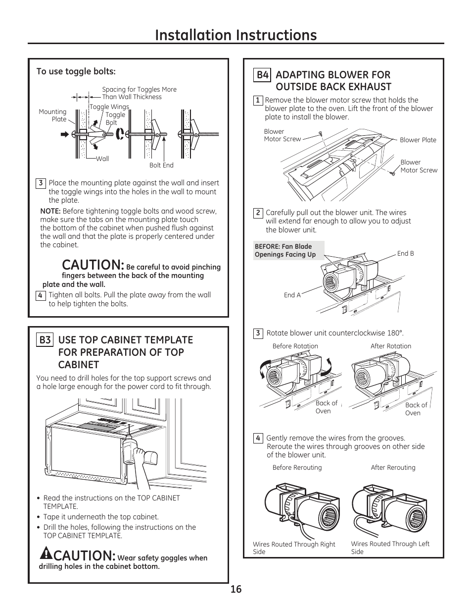 Installation instructions, Caution | GE JVM7195EFES User Manual | Page 16 / 48