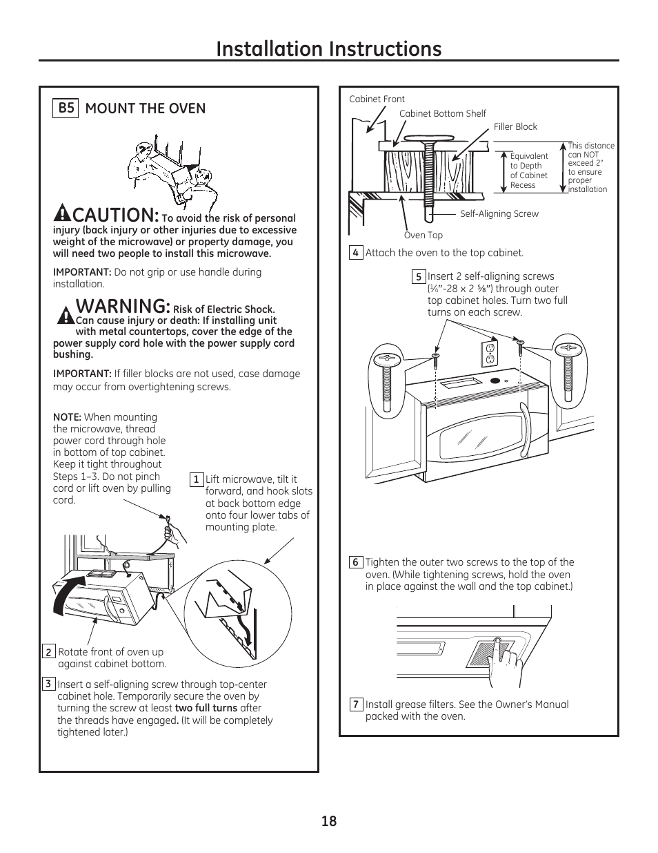 Installation instructions, Caution, Warning | Mount the oven b5 | GE JVM7195EFES User Manual | Page 18 / 48