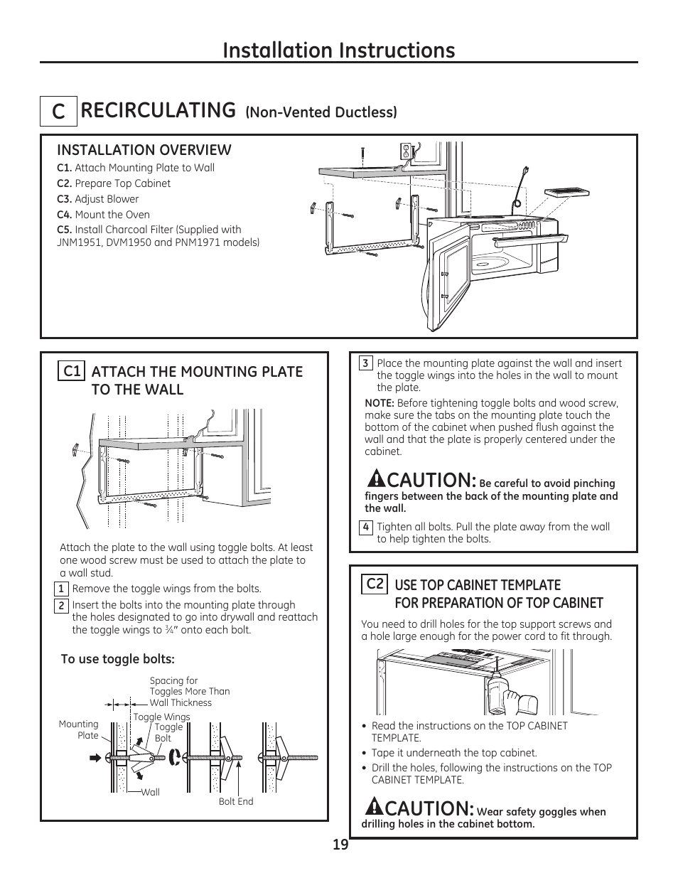 Recirculating, Installation instructions, Caution | GE JVM7195EFES User Manual | Page 19 / 48