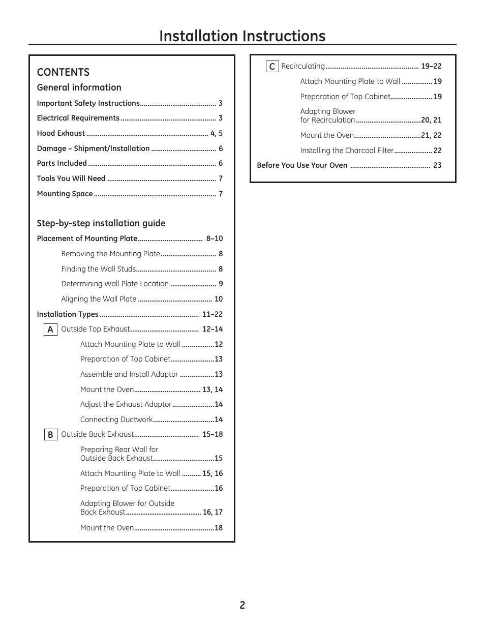 Installation instructions | GE JVM7195EFES User Manual | Page 2 / 48