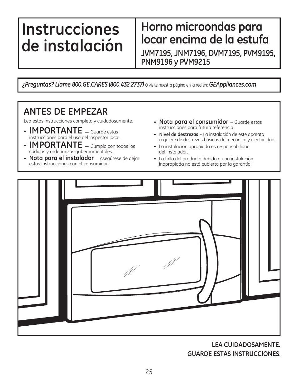 Instrucciones de instalación, Horno microondas para locar encima de la estufa, Antes de empezar | Importante | GE JVM7195EFES User Manual | Page 25 / 48