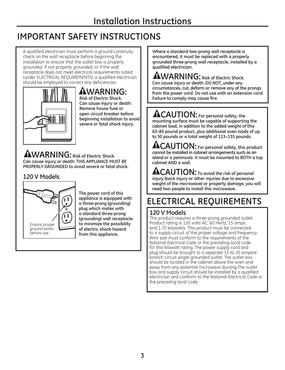 Warning, Caution | GE JVM7195EFES User Manual | Page 3 / 48