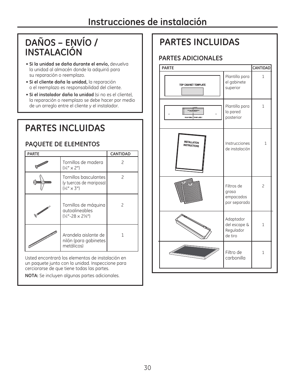 Partes incluidas, Paquete de elementos, Partes adicionales | GE JVM7195EFES User Manual | Page 30 / 48