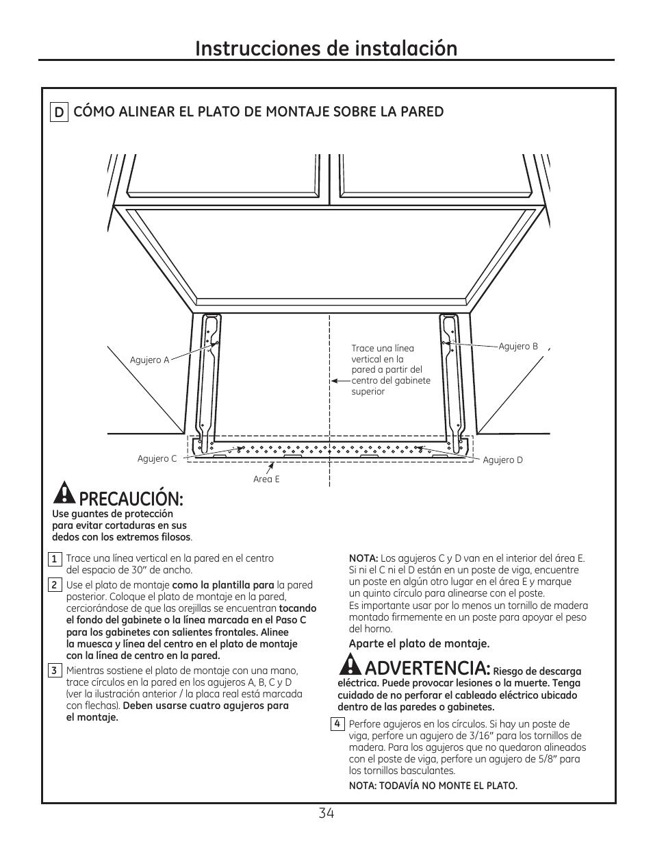 Instrucciones de instalación, Advertencia, Precaución | 34 cómo alinear el plato de montaje sobre la pared | GE JVM7195EFES User Manual | Page 34 / 48