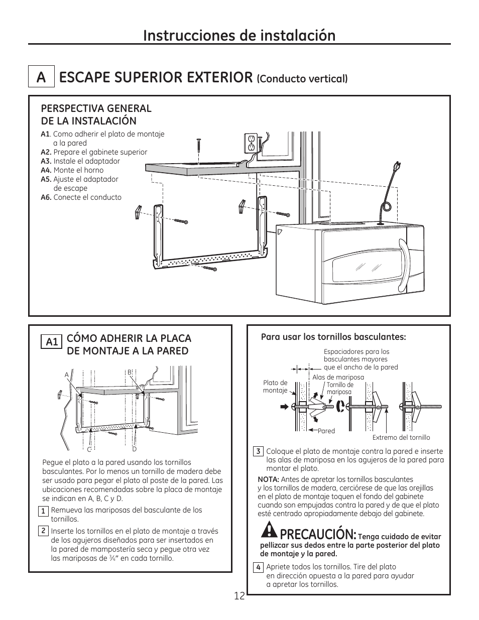 Escape superior exterior, Instrucciones de instalación, Precaución | Cómo adherir la placa de montaje a la pared a1 12, Conducto vertical), Perspectiva general de la instalación | GE JVM7195EFES User Manual | Page 36 / 48