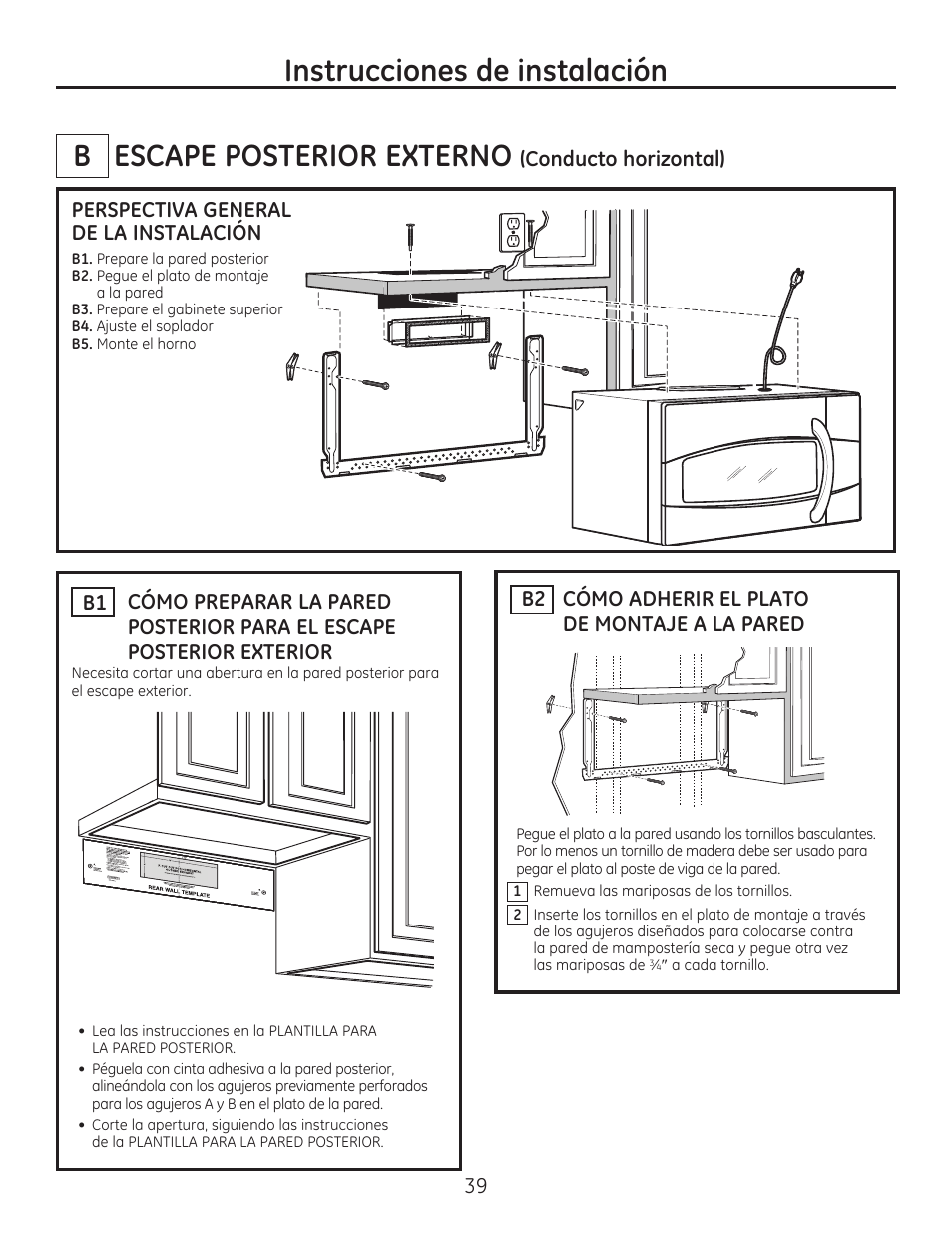 Escape posterior externo, Instrucciones de instalación b | GE JVM7195EFES User Manual | Page 39 / 48