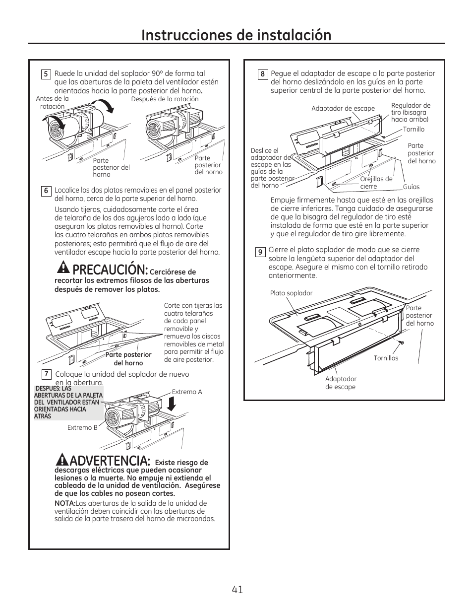 Instrucciones de instalación, Precaución, Advertencia | GE JVM7195EFES User Manual | Page 41 / 48