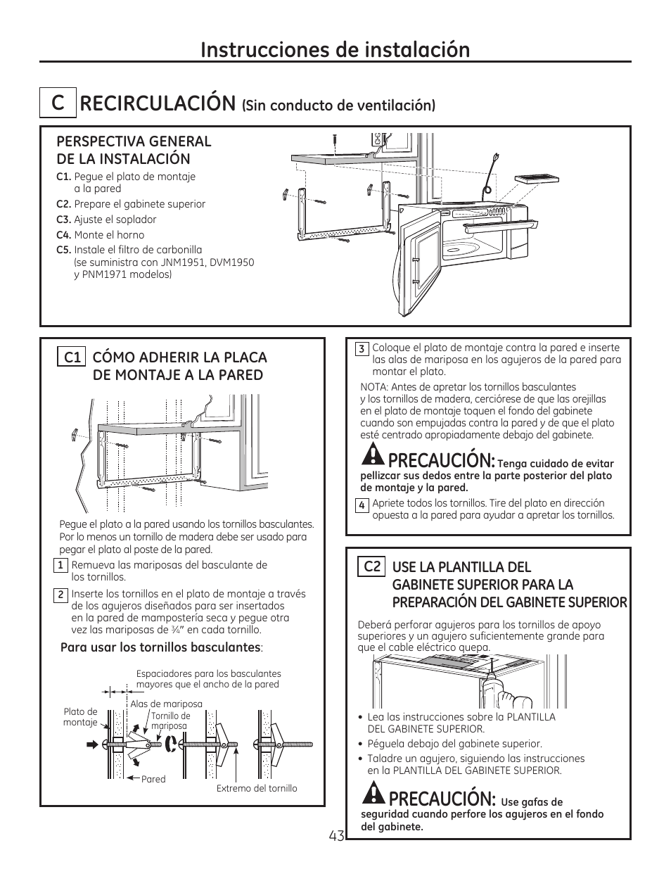 Recirculación, Instrucciones de instalación, Precaución | Cómo adherir la placa de montaje a la pared c1 | GE JVM7195EFES User Manual | Page 43 / 48