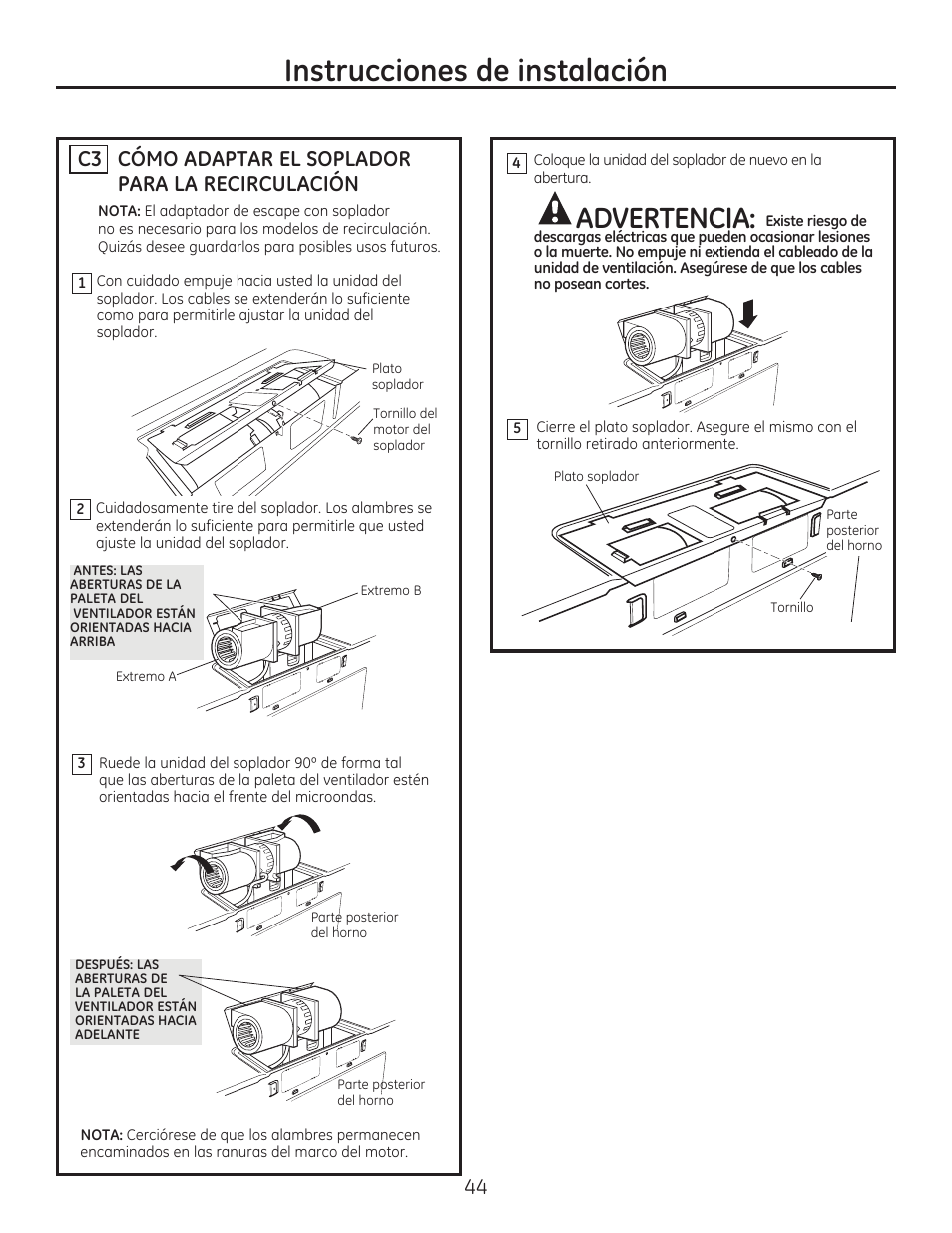 Instrucciones de instalación, Advertencia, Cómo adaptar el soplador para la recirculación c3 | GE JVM7195EFES User Manual | Page 44 / 48