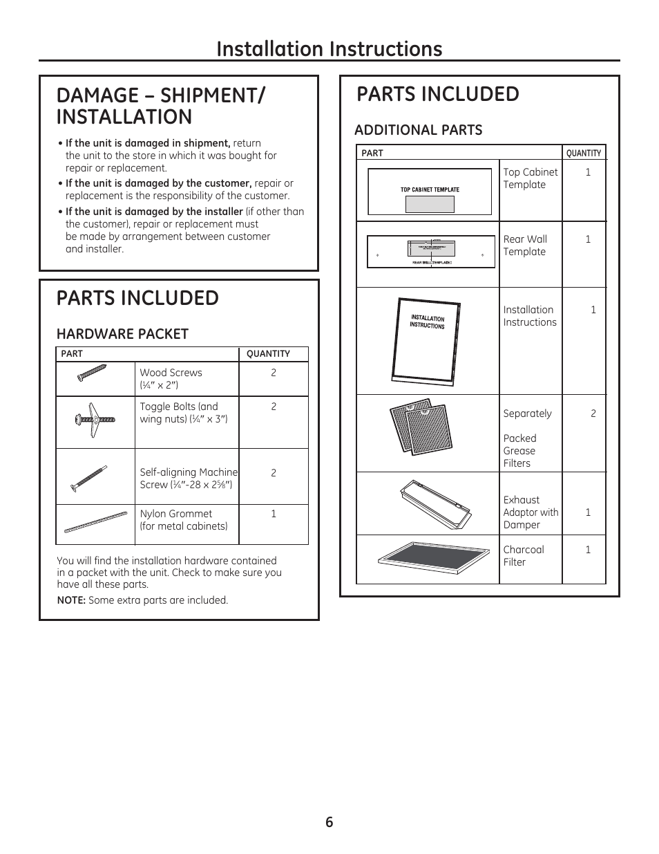 Installation instructions, Hardware packet | GE JVM7195EFES User Manual | Page 6 / 48