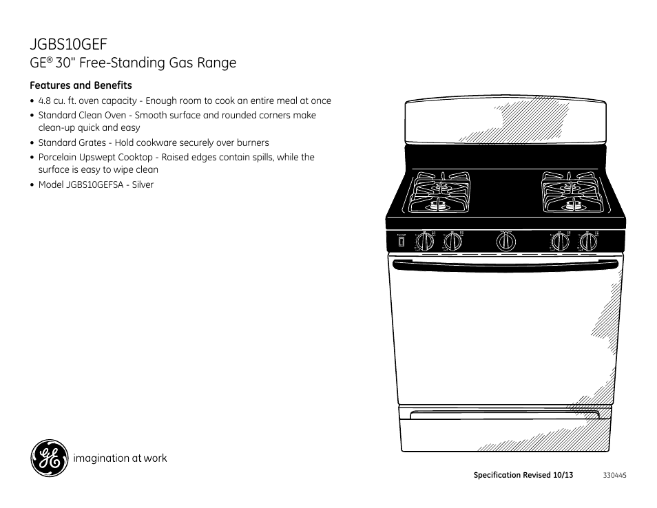 Jgbs10gef, 30" free-standing gas range | GE JGBS10GEFSA User Manual | Page 2 / 2