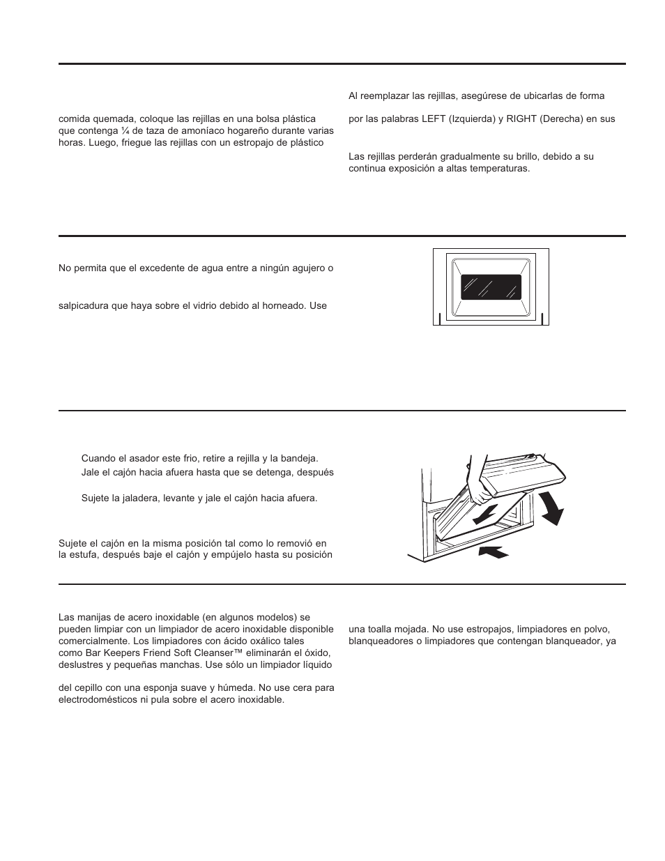 Cuid ado y limpieza, Limpieza de la placa de cocción (cont.), Limpieza de la puerta y el cajón | GE JGBS10DEFCC User Manual | Page 44 / 48
