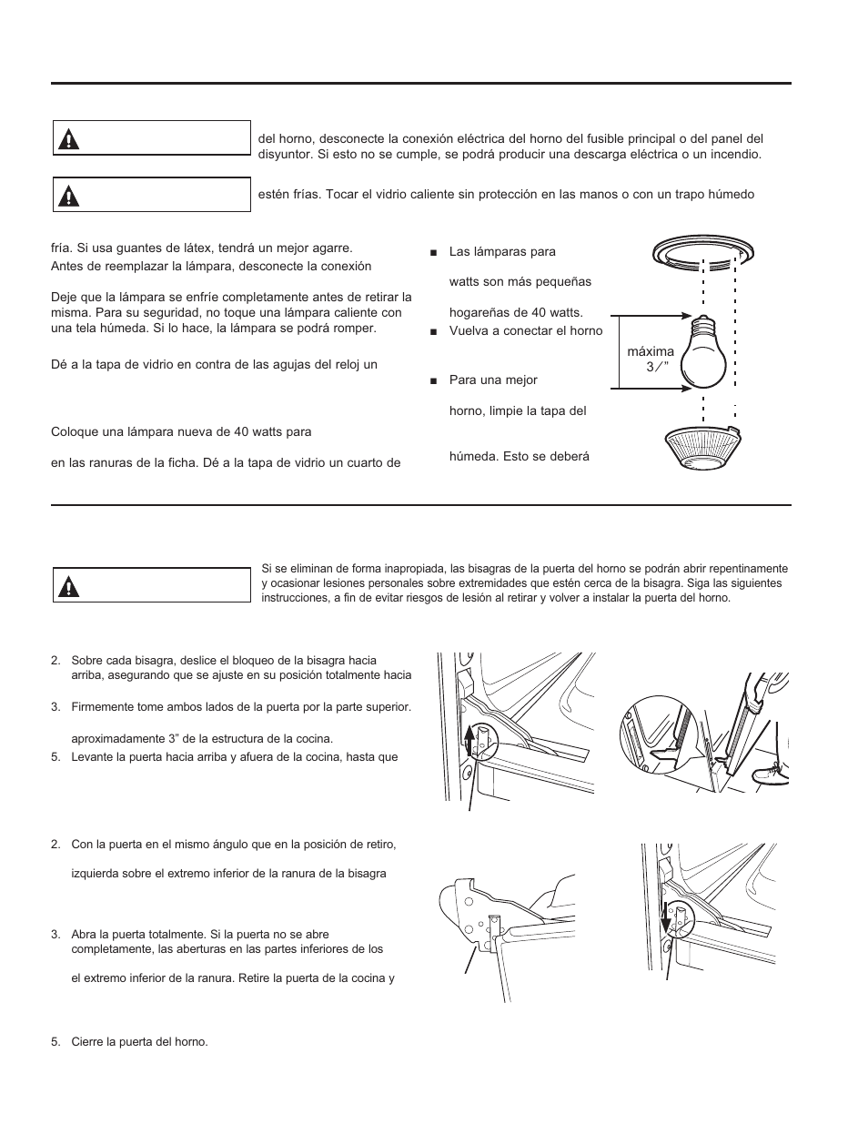 Cuid ado y limpieza : mantenimiento, Mantenimiento, Advertencia precaución | Advertencia, Puerta del horno desmontable | GE JGBS10DEFCC User Manual | Page 45 / 48
