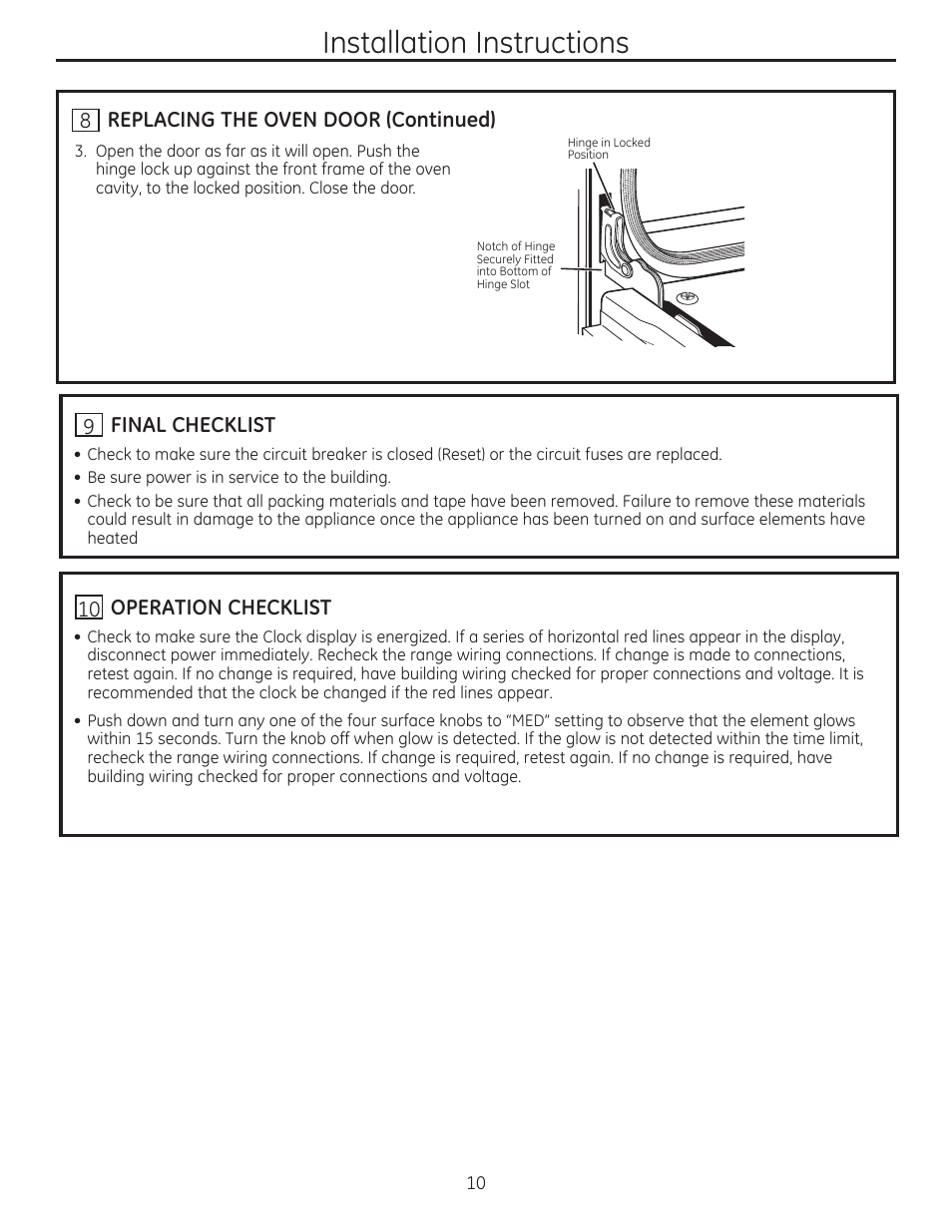 Final checklist, 10 operation checklist, Installation instructions | GE JD750SFSS User Manual | Page 10 / 24