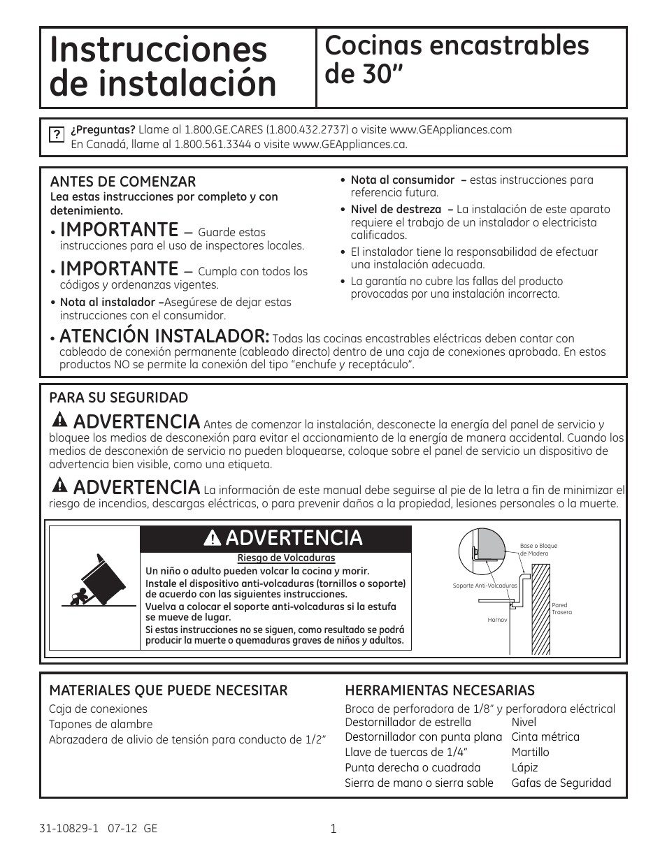 Instrucciones de instalación, Cocinas encastrables de 30, Antes de comenzar | Para su seguridad, Importante, Atencion instalador, A advertencia | GE JD750SFSS User Manual | Page 13 / 24