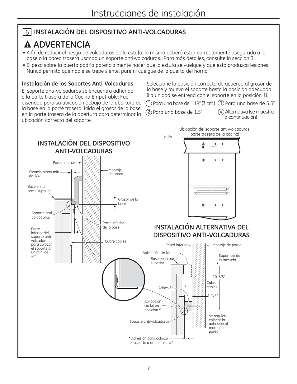 6 instalacion del dispositivo anti-volcaduras, Instrucciones de instalación, A advertencia | GE JD750SFSS User Manual | Page 19 / 24